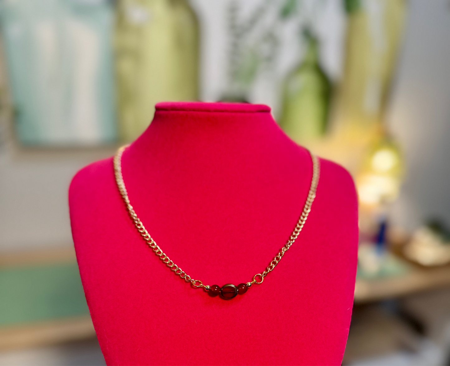 Gold Chain Necklace with Red Glass Beads – Dainty Handmade Jewelry, Minimalist Statement Necklace