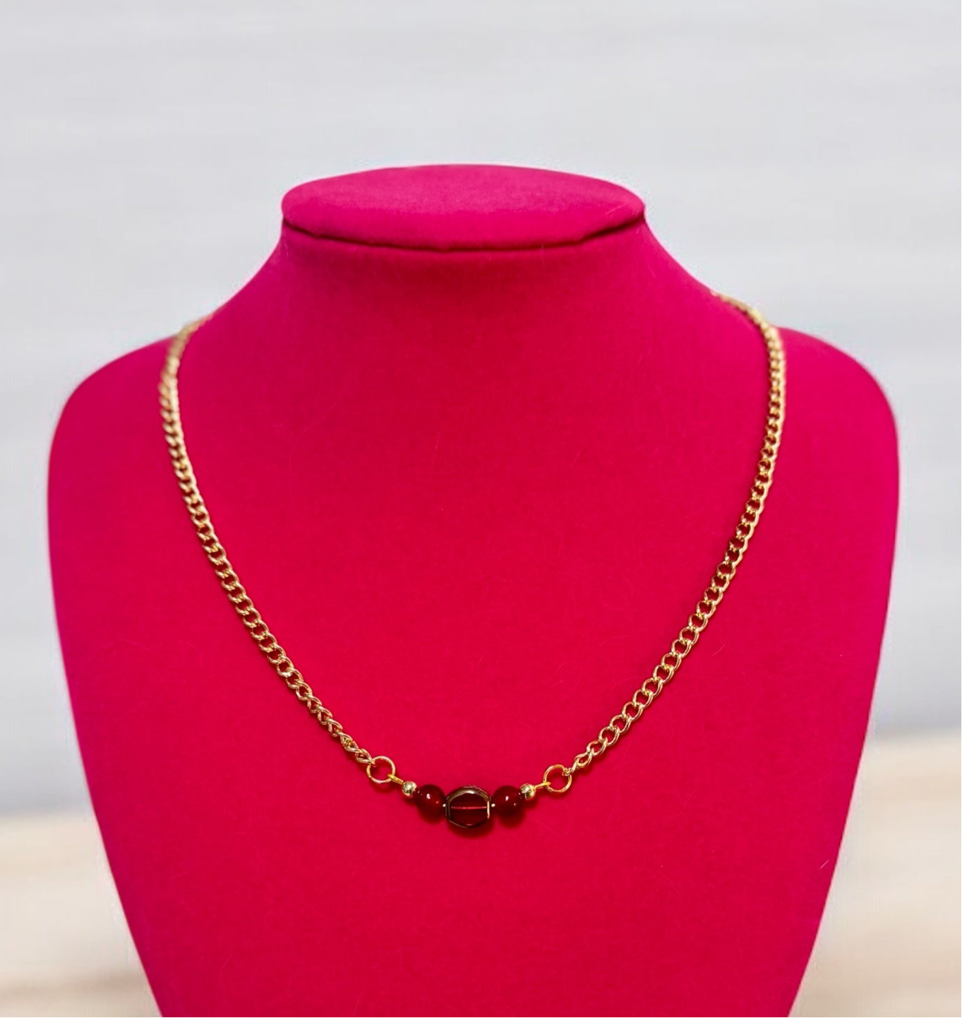 Gold Chain Necklace with Red Glass Beads – Dainty Handmade Jewelry, Minimalist Statement Necklace