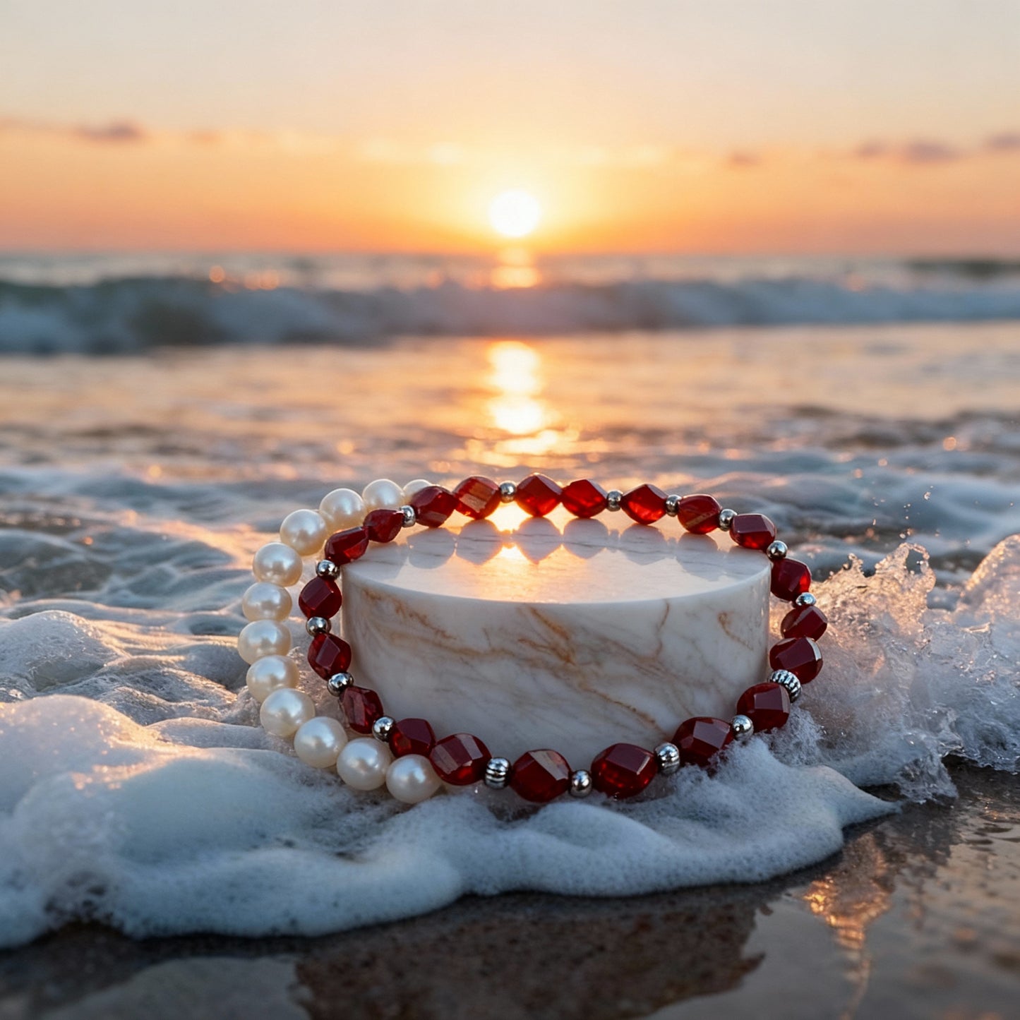 White Real Sweet Water Pearl Bracelet & Glass Red Bracelet Set – Handmade Iridescent Stretch Bracelet for Women, Elegant Dainty Gift, Minimalist Jewelry