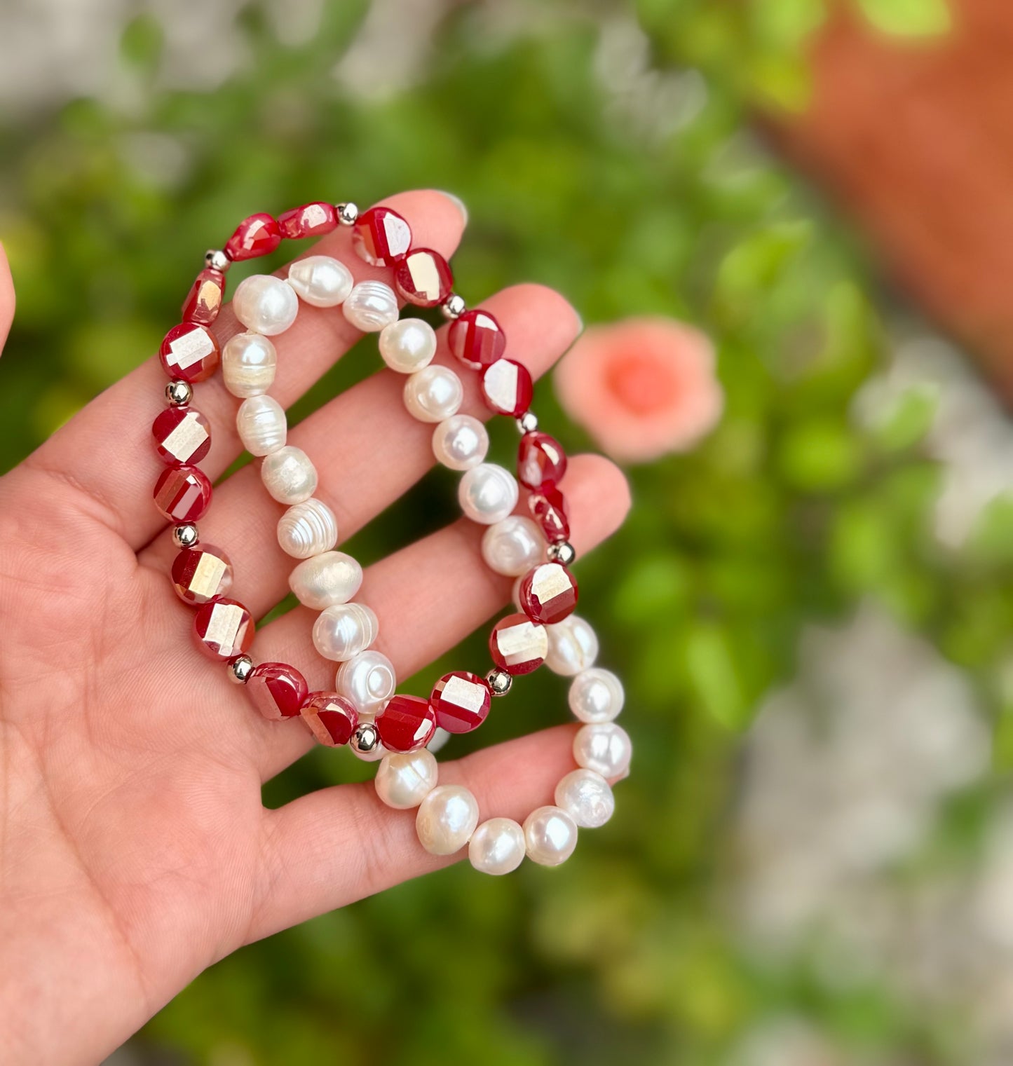 White Real Sweet Water Pearl Bracelet & Glass Red Bracelet Set – Handmade Iridescent Stretch Bracelet for Women, Elegant Dainty Gift, Minimalist Jewelry