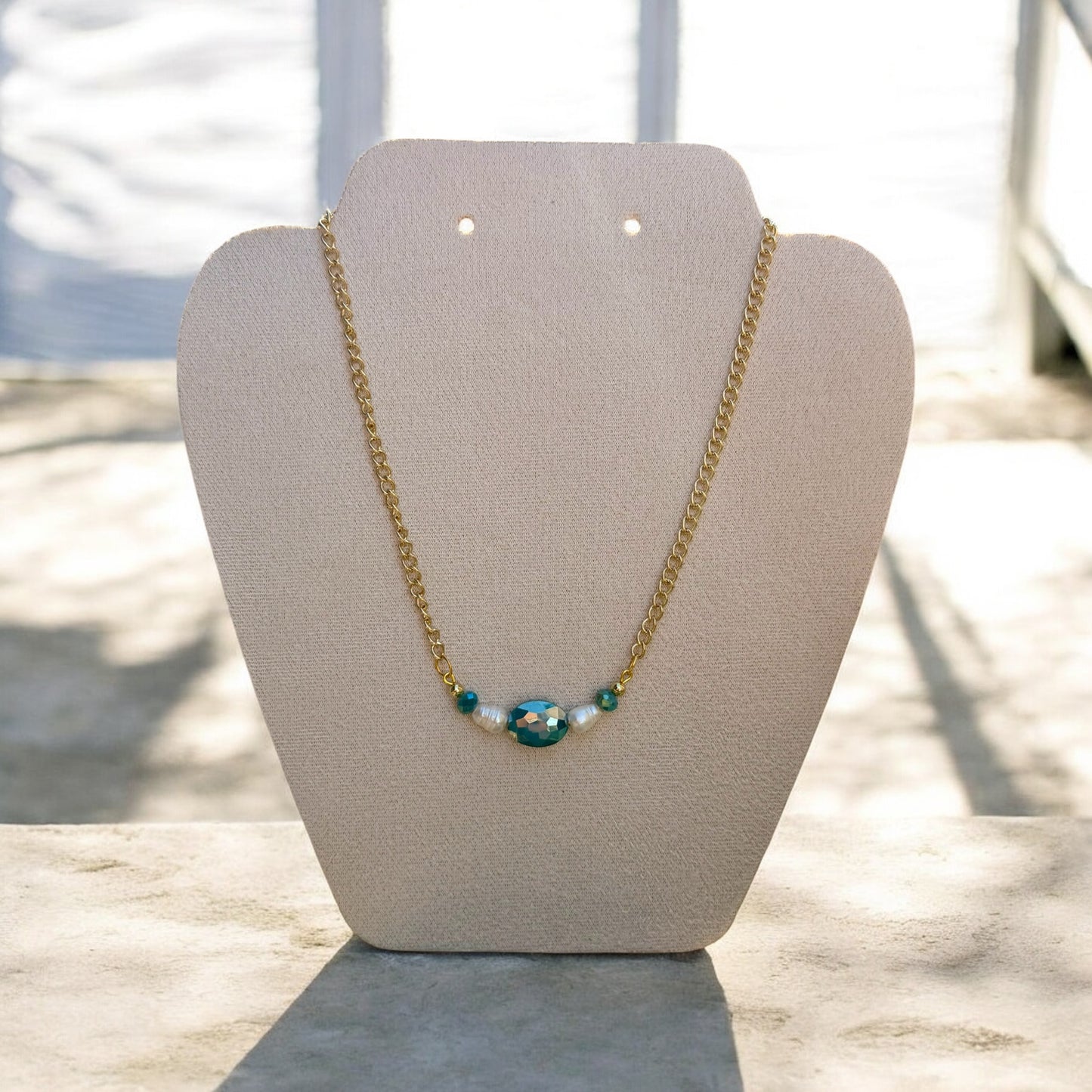 Blue Crystal and Pearl Necklace, Handmade Beaded Gemstone Necklace, Ocean Inspired Jewelry, Elegant Necklace, Gift for Her