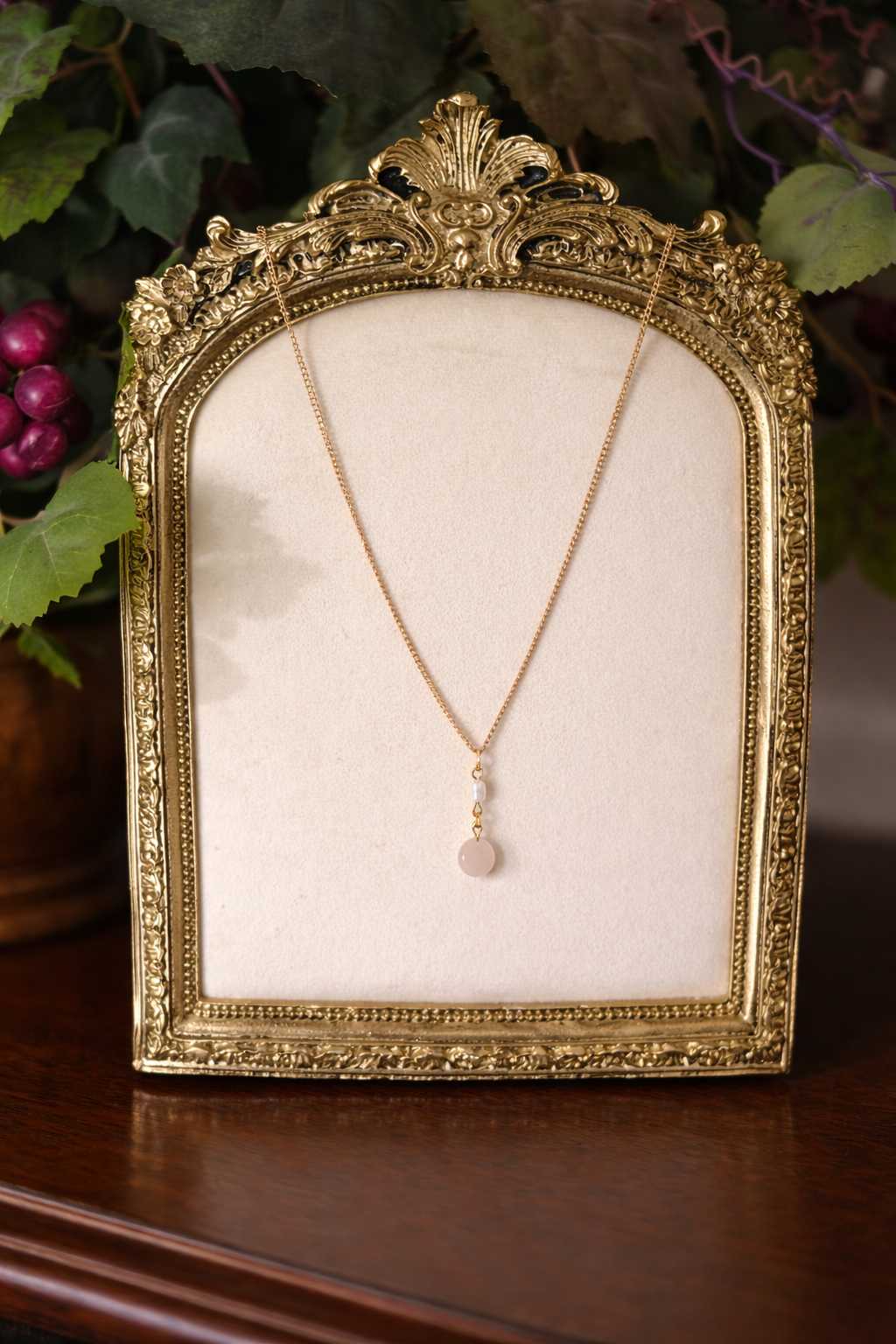 Rose Quartz & Pearl Necklace – Handmade Romantic Gemstone Pendant