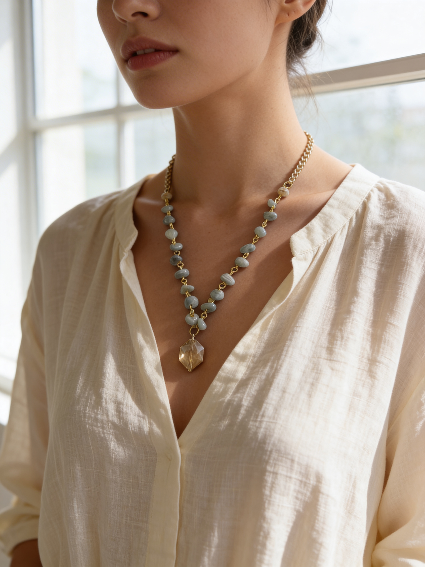 Aqua Quartz Necklace, Handmade Gemstone Necklace, Blue Crystal Pendant, Beaded Quartz Jewelry, Adjustable Necklace, Gift for Her