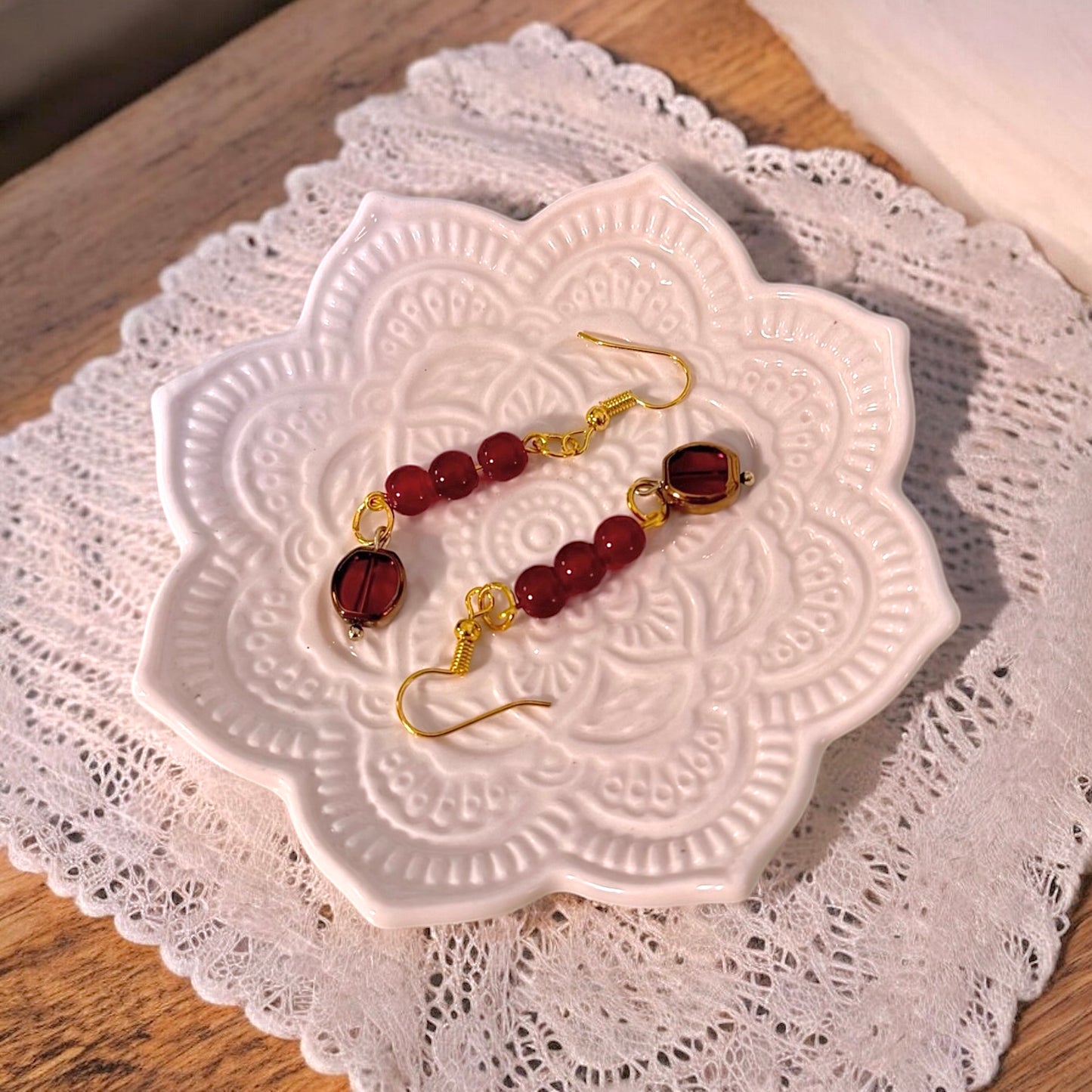 Red Glass Bead Dangle Earrings – Handmade Gold Drop Earrings, Lightweight Statement Jewelry