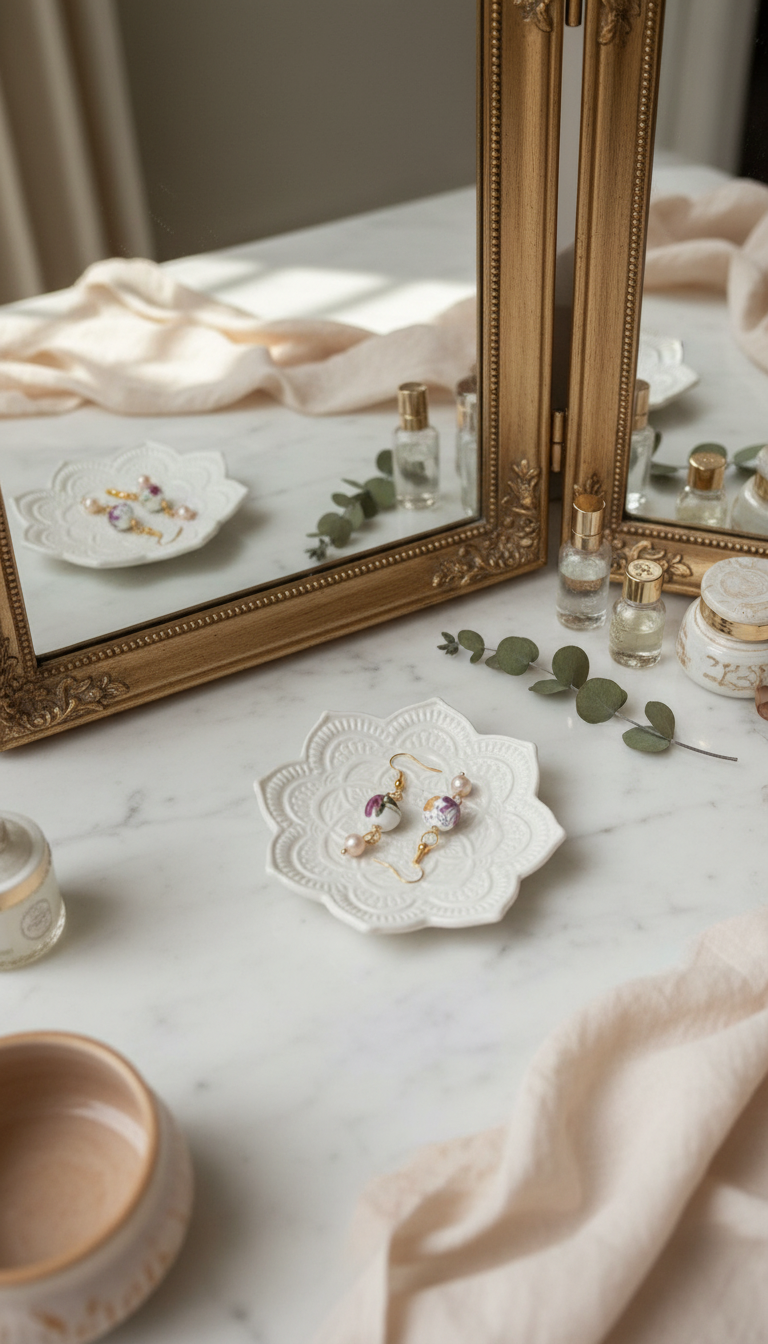Floral Ceramic & Pearl Dangle Earrings – Handmade Vintage Inspired Earrings