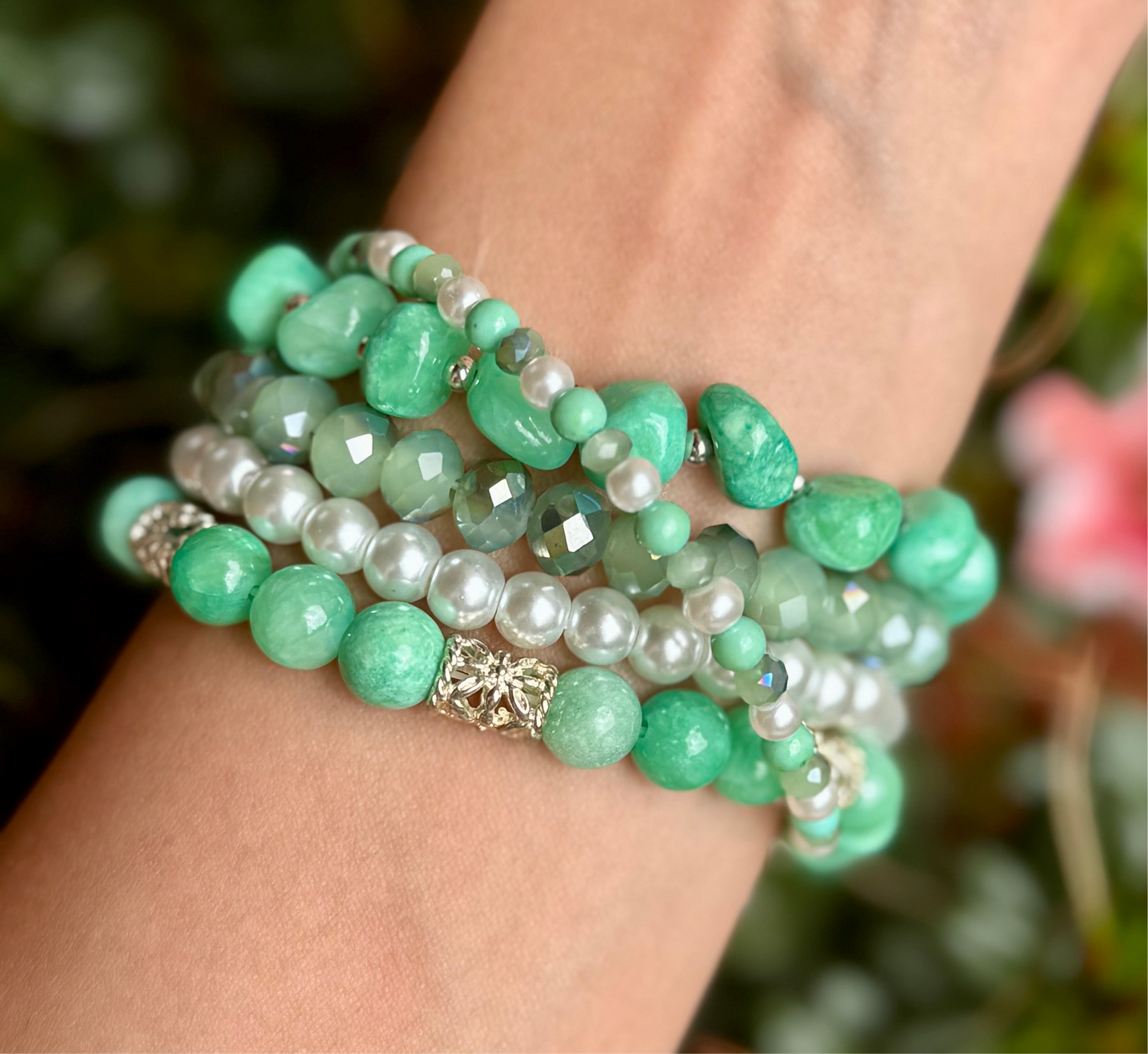Mint Jade & Quartz Beaded Bracelet Set