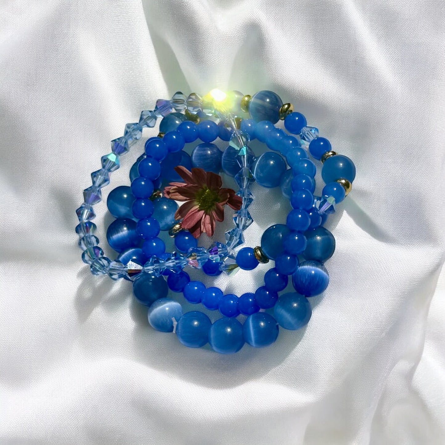 Blue Cat’s Eye & Crystal Bracelet Set – Handmade Layered Beaded Jewelry, Stretch Bracelets with Gold Accents