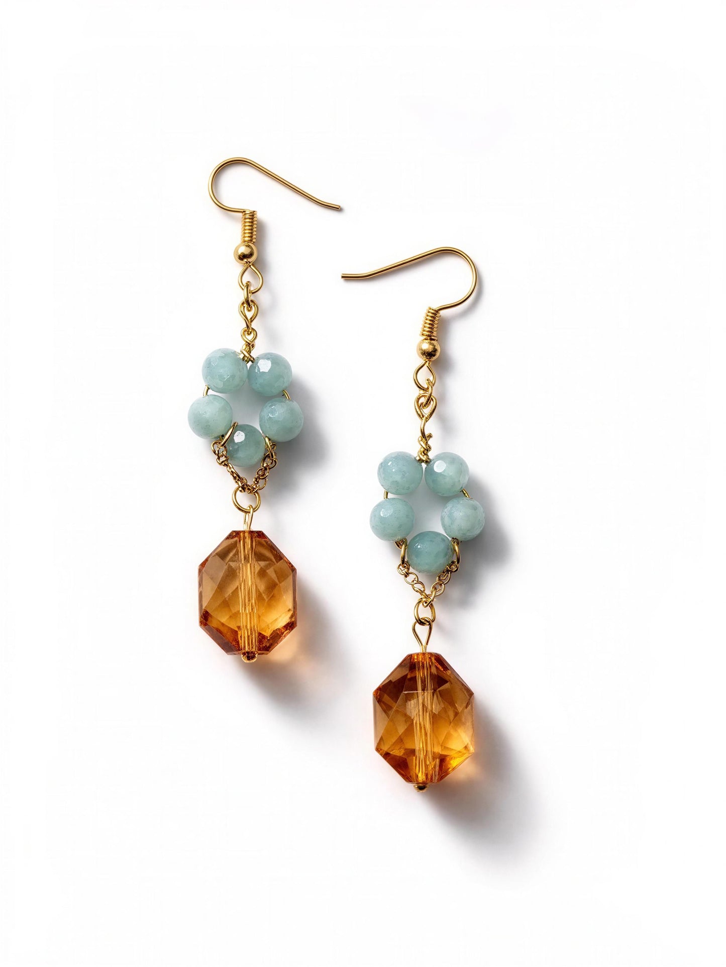 Amazonite & Citrine Flower Drop Earrings, Handmade Gemstone Earrings, Gold Plated Dangle Earrings, Feminine Jewelry Gift for Her