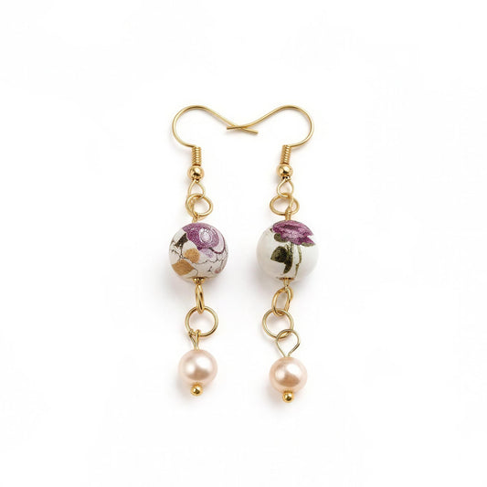 Floral Ceramic & Pearl Dangle Earrings – Handmade Vintage Inspired Earrings