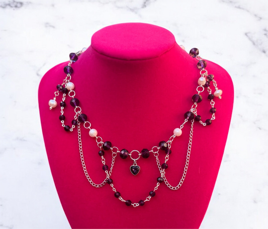 Purple & White Pearl Beaded Necklace – Limited Edition Layered Statement Jewelry, Intertwined Necklace.