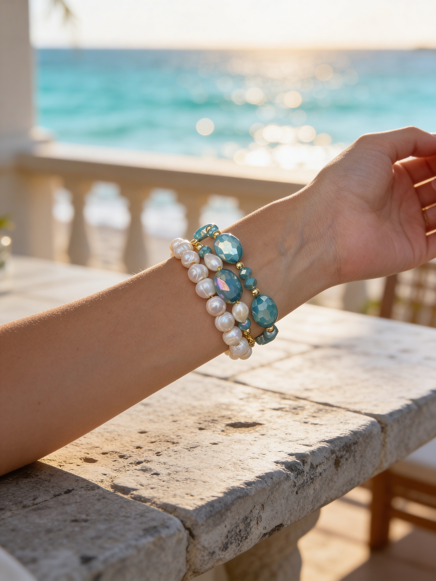 Mermaid Bracelet Set, Blue Crystal and Pearl Bracelet Set, Handmade Beaded Bracelet Stack, Ocean Inspired Jewelry, Gift for Her