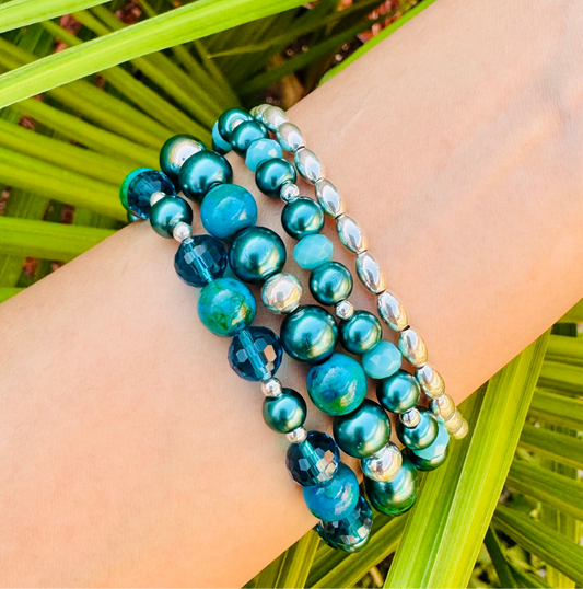Chrysocolla Stone Beaded Stretch Bracelet Set – Green Gemstone, glass bead and 925 beads bracelets - Unique Set