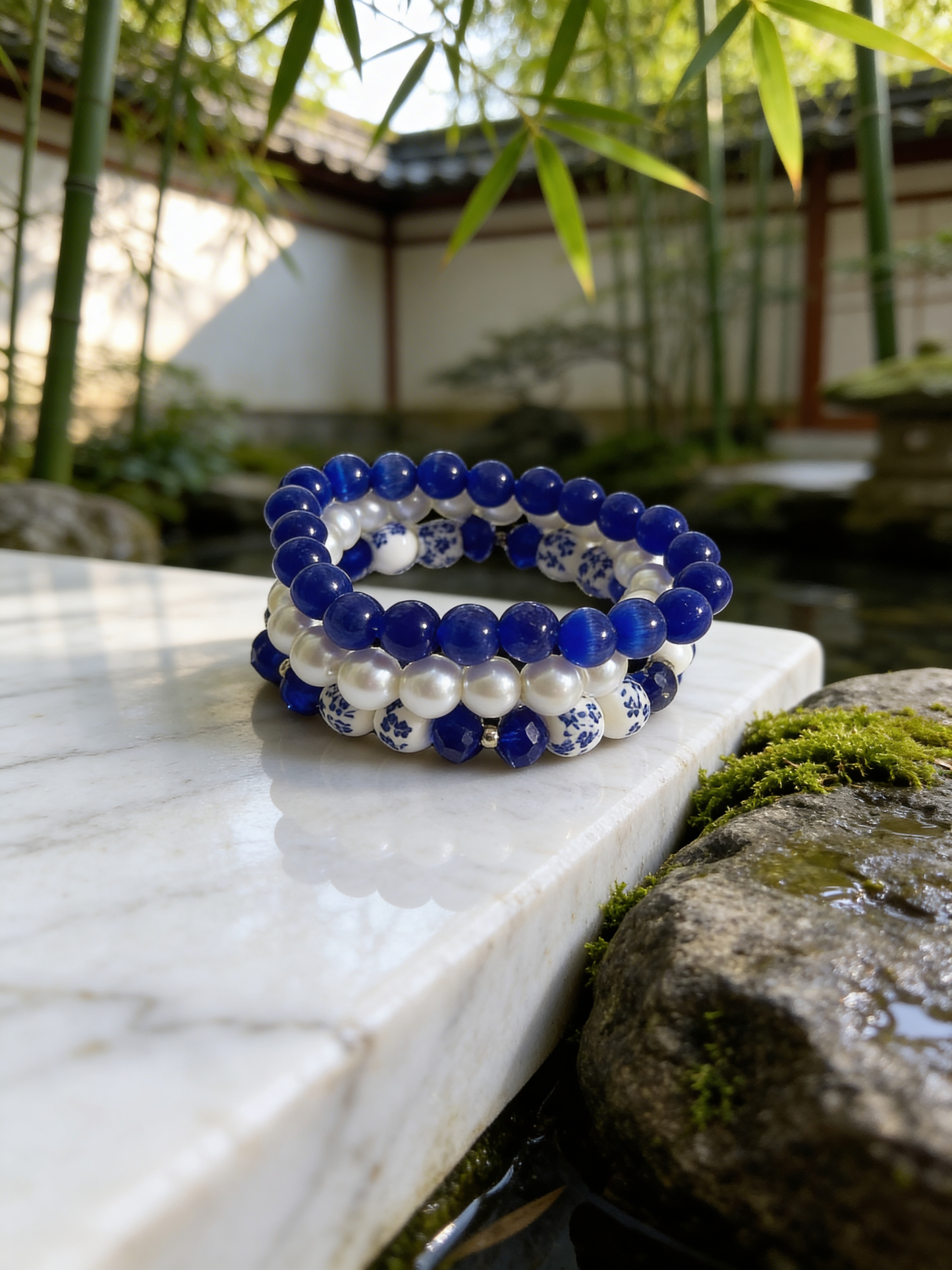Blue Cat’s Eye Bracelet Set, Pearl Beaded Bracelet Stack, Handmade Gemstone Bracelets, Ceramic Floral Beads, Stackable Jewelry, Gift for Her