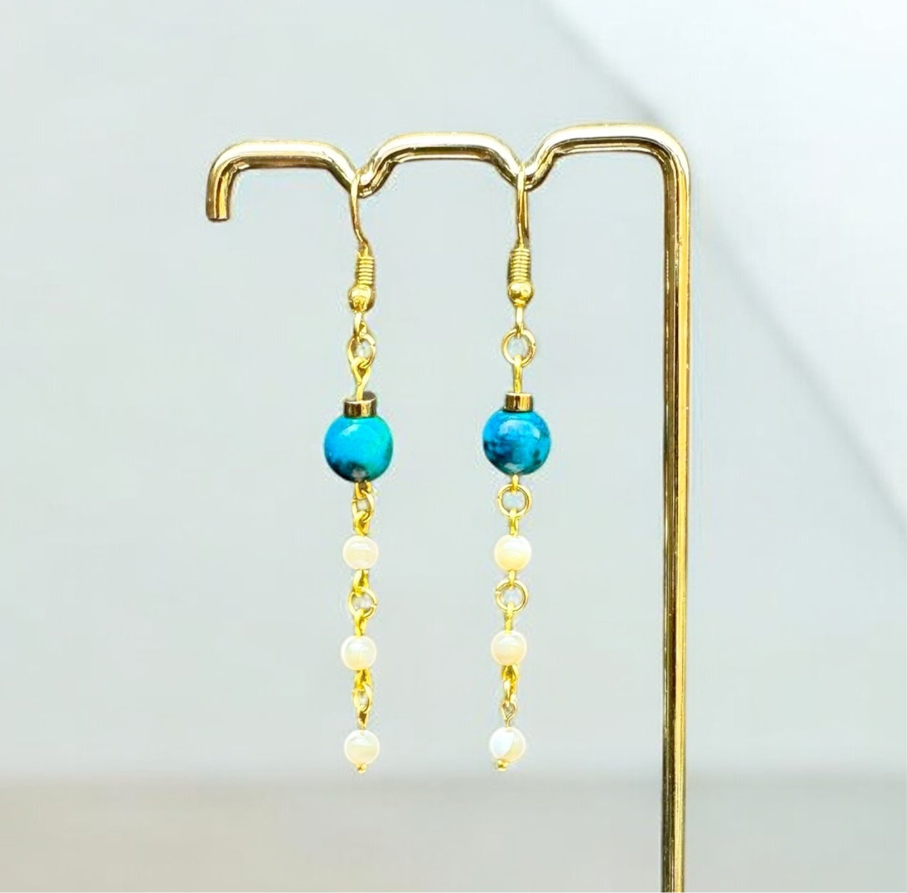 Aqua Stone & Mother of Pearl Dangle Earrings
