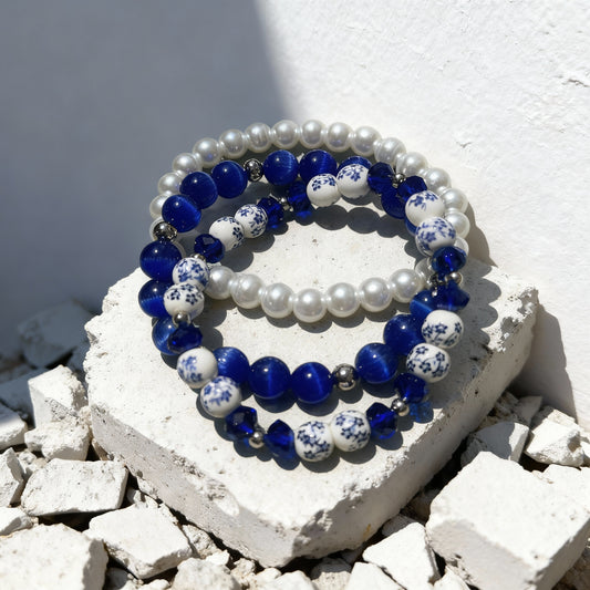 Blue and White Bracelet Set – Top Seller! Cat’s Eyes & Pearls Stackable Beaded Jewelry with Ceramic Flowers Beads – Handmade Gift - Selling fast, get yours today!
