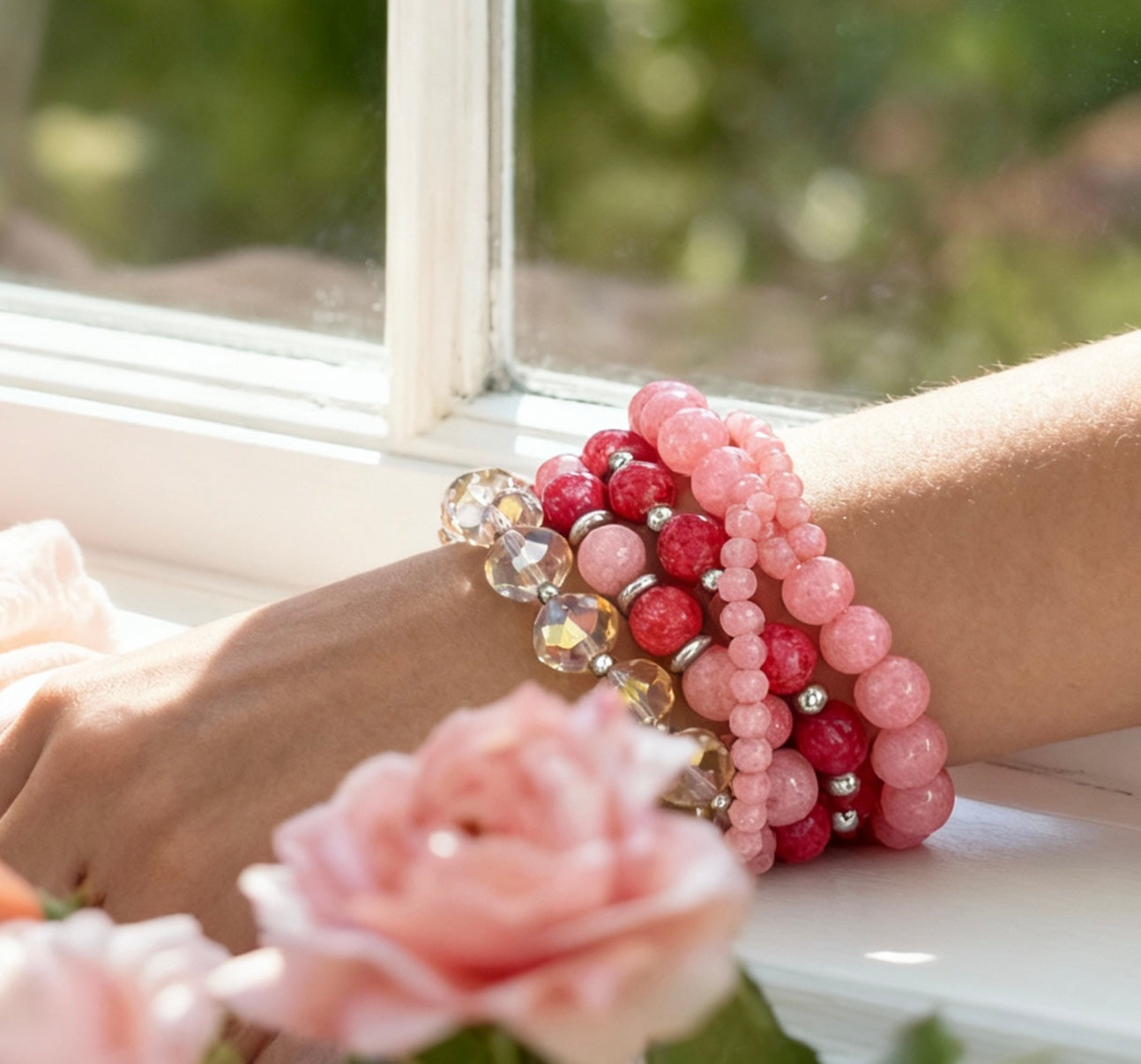 Pink Quartzite & Coral Beaded Bracelet Set – 5-Piece Handmade Jewelry Gift for Her - Colorfull Gemstones Bracelets