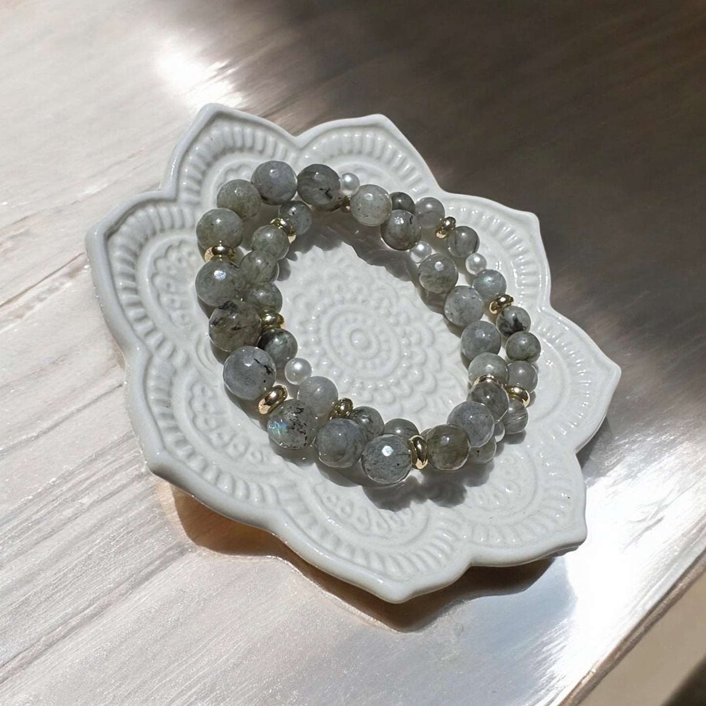 Labradorite Bracelet Set with Gold Accents & Pearl Crystal Jewelry