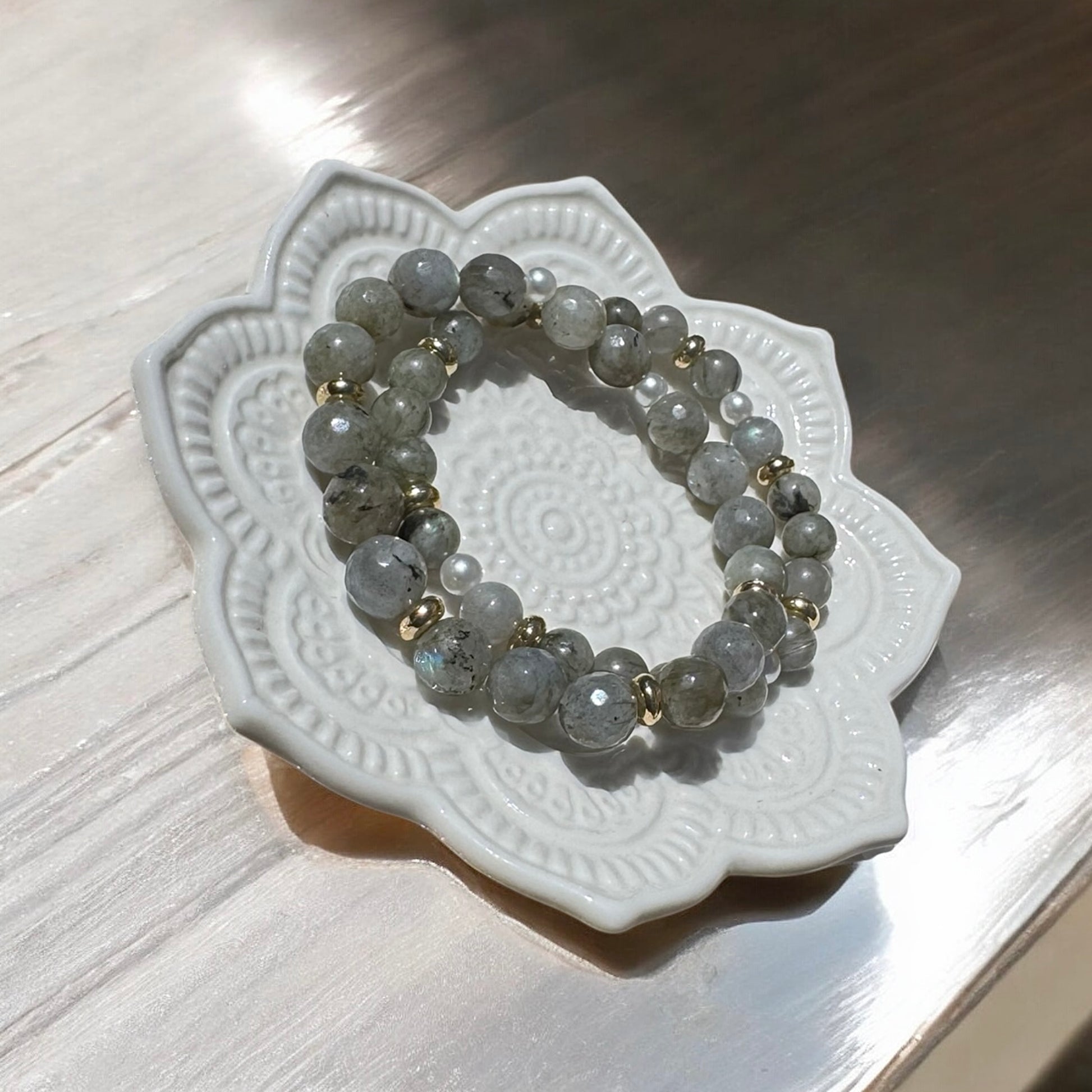 Labradorite Bracelet Set with Gold Accents & Pearl Crystal Jewelry