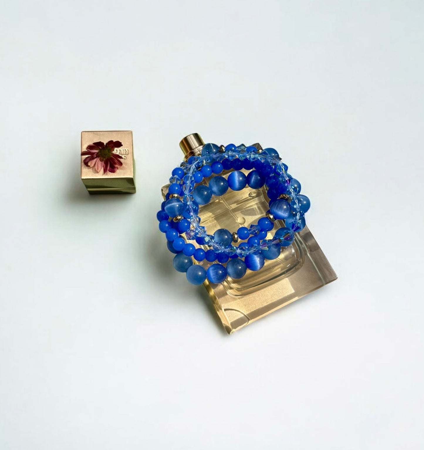 Blue Cat’s Eye & Crystal Bracelet Set – Handmade Layered Beaded Jewelry, Stretch Bracelets with Gold Accents