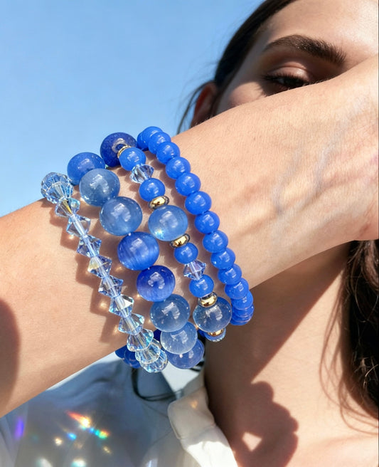 Blue Cat’s Eye & Crystal Bracelet Set – Handmade Layered Beaded Jewelry, Stretch Bracelets with Gold Accents