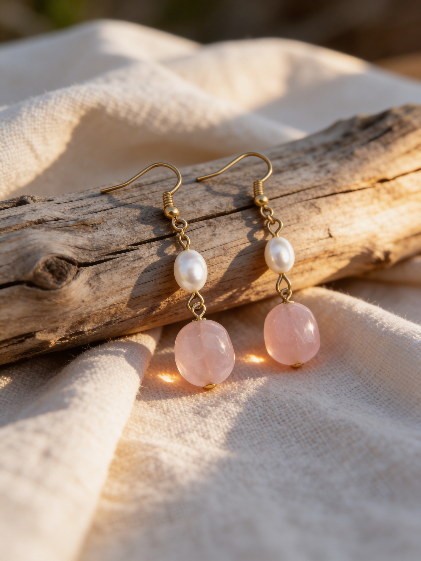 Rose Quartz & Pearl Dangle Earrings – Romantic Gift | Handmade Gold Jewelry