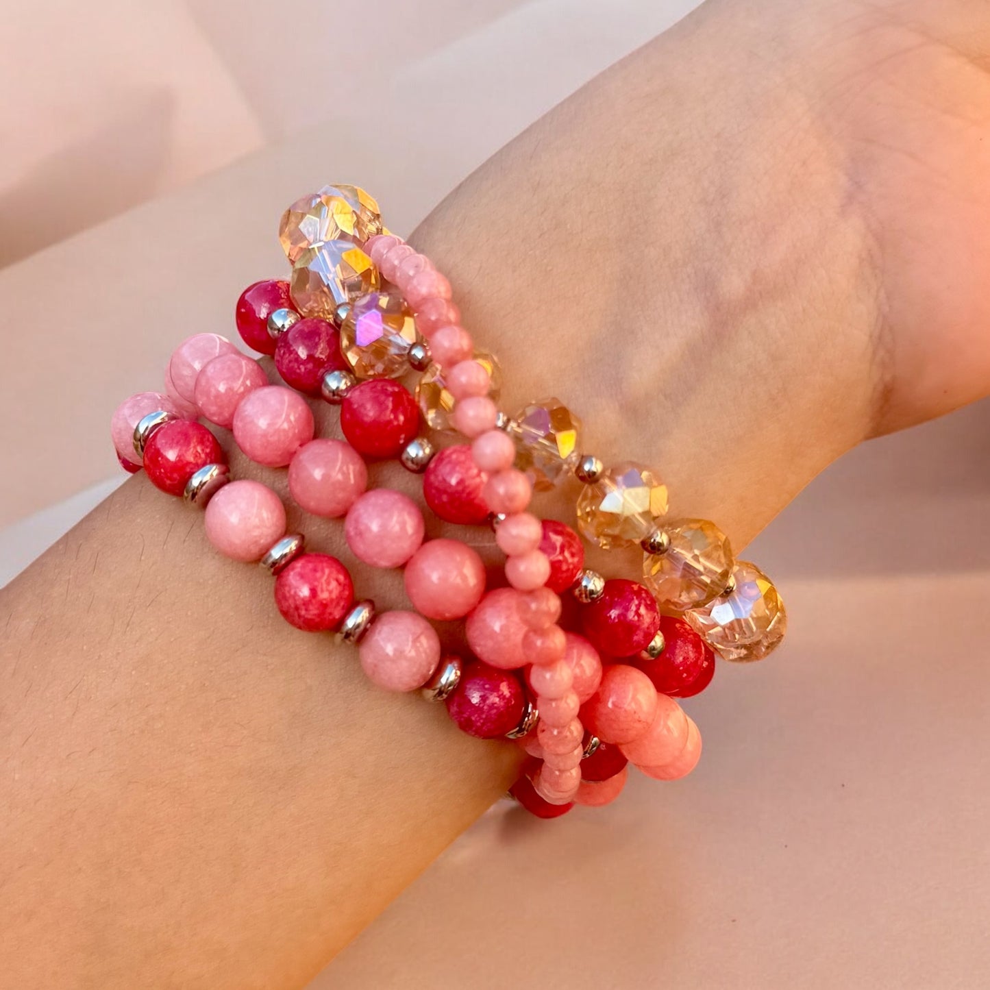 Pink Quartzite Bracelet Set, Handmade Gemstone Bracelet Stack, Coral Beaded Stackable Bracelets, Natural Stone Jewelry, Gift for Her
