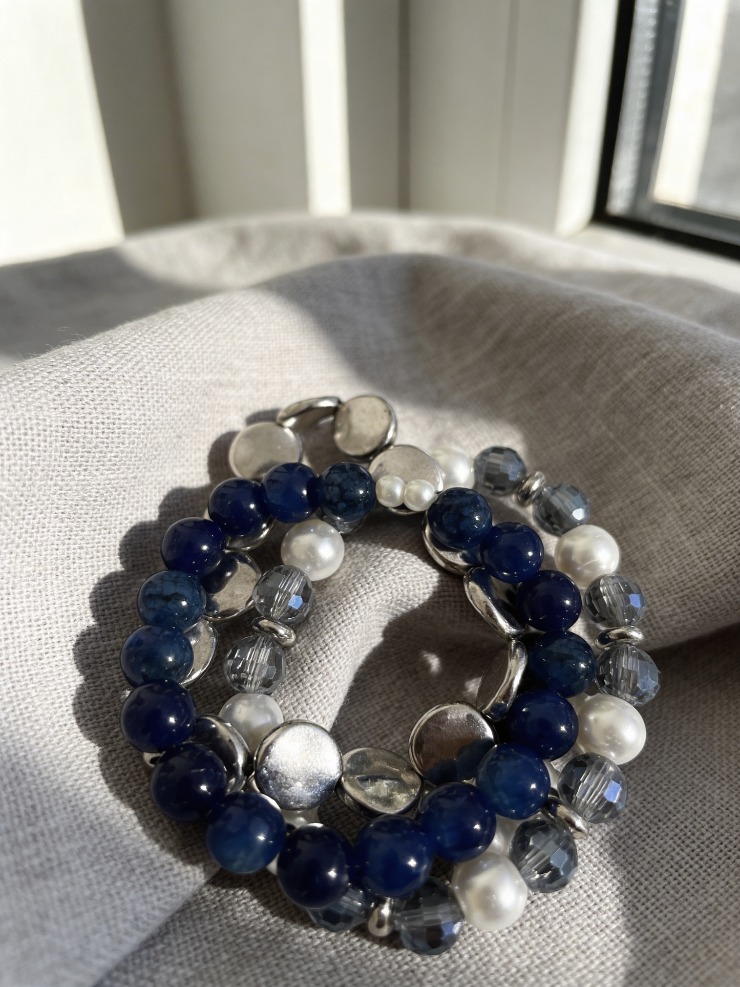 Blue Crackle Agate Bracelet Set, Handmade Gemstone Bracelet Stack, Silver Plated Beaded Bracelets, Stretch Stackable Jewelry, Gift for Her
