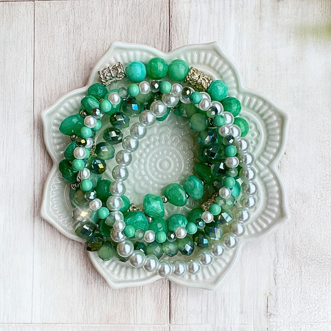 Mint Jade & Quartz Beaded Bracelet Set