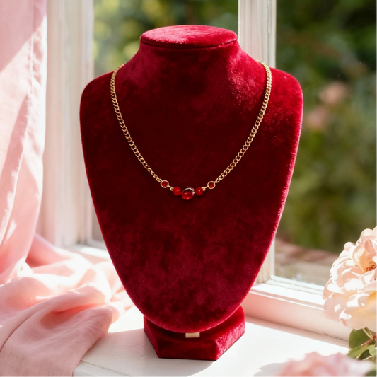Gold Chain Necklace with Red Glass Beads – Dainty Handmade Jewelry, Minimalist Statement Necklace