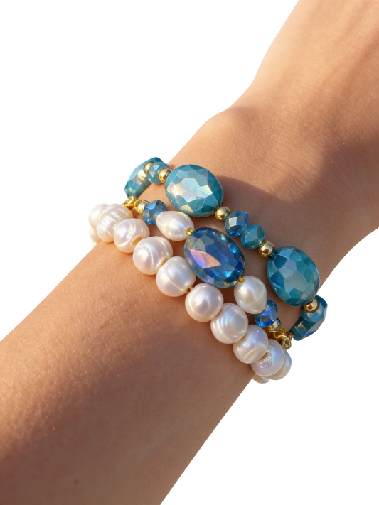 Mermaid Bracelet Set, Blue Crystal and Pearl Bracelet Set, Handmade Beaded Bracelet Stack, Ocean Inspired Jewelry, Gift for Her