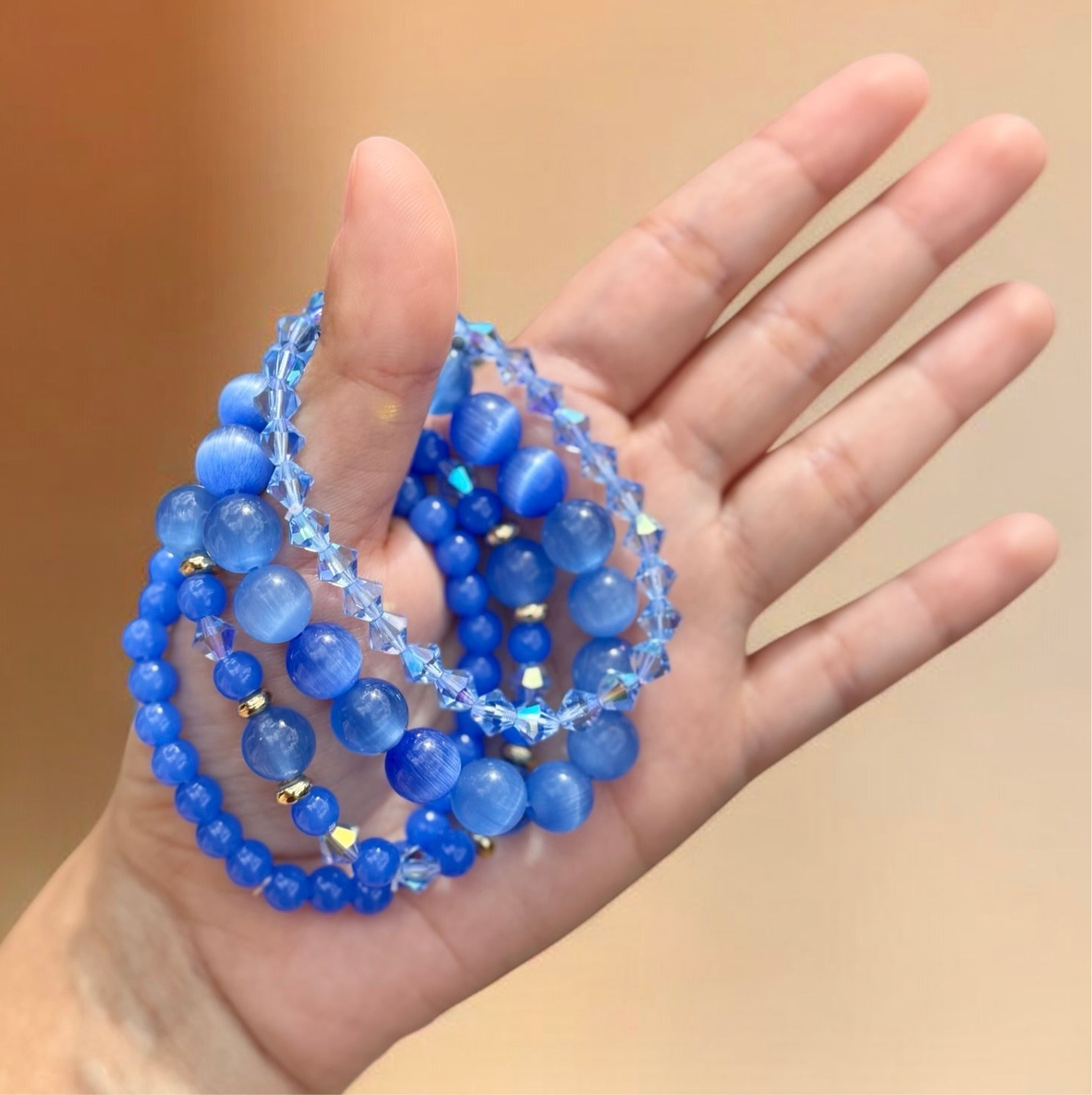 Blue Cat’s Eye & Crystal Bracelet Set – Handmade Layered Beaded Jewelry, Stretch Bracelets with Gold Accents
