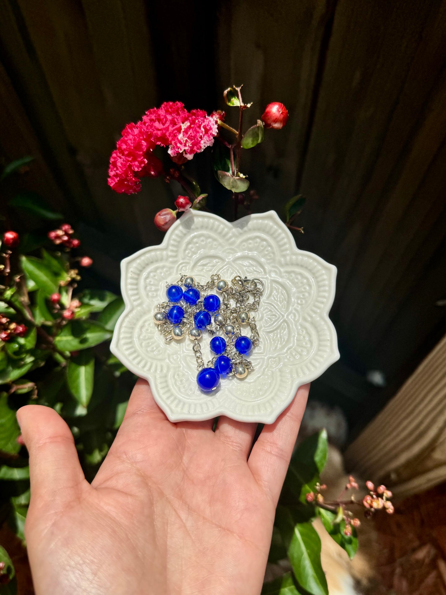 Handmade Blue Cat’s‑Eye Beaded Necklace