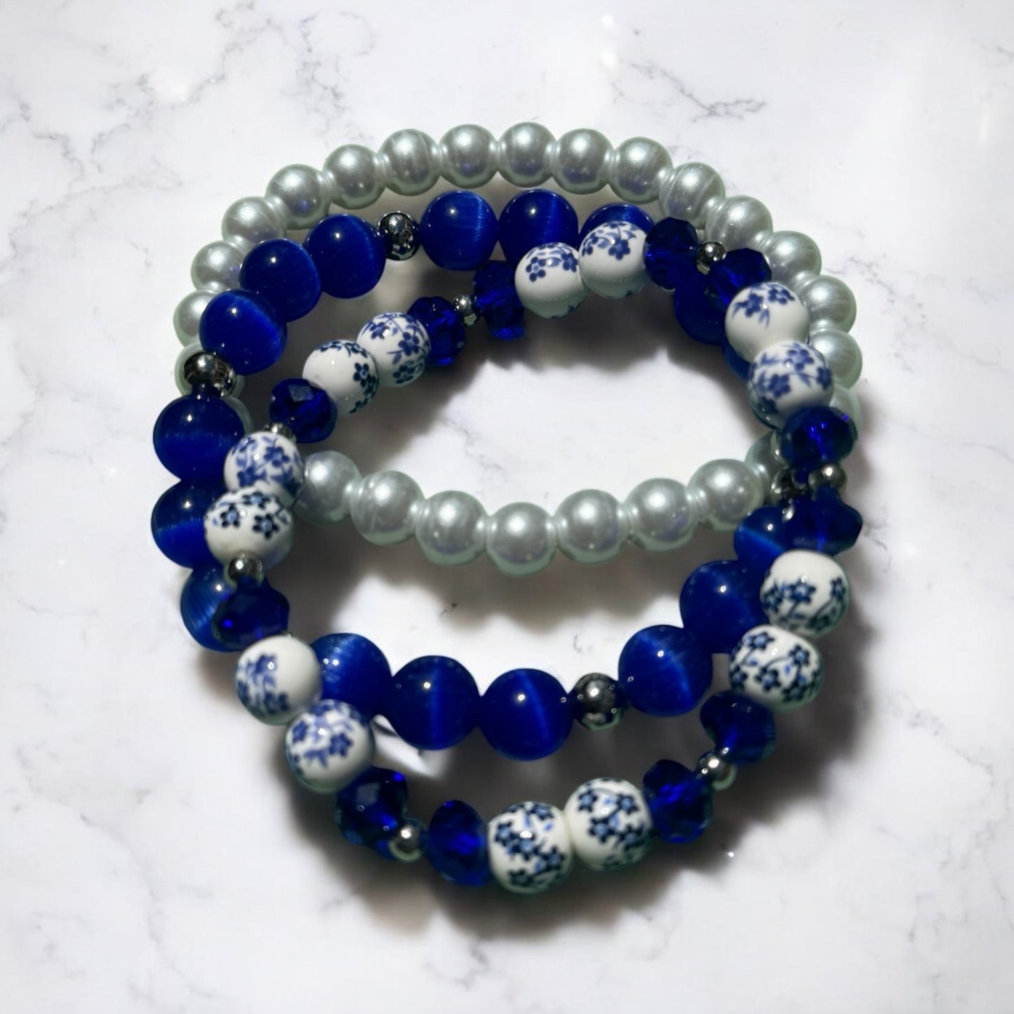 Blue Cat’s Eye & Pearl Bracelet Set