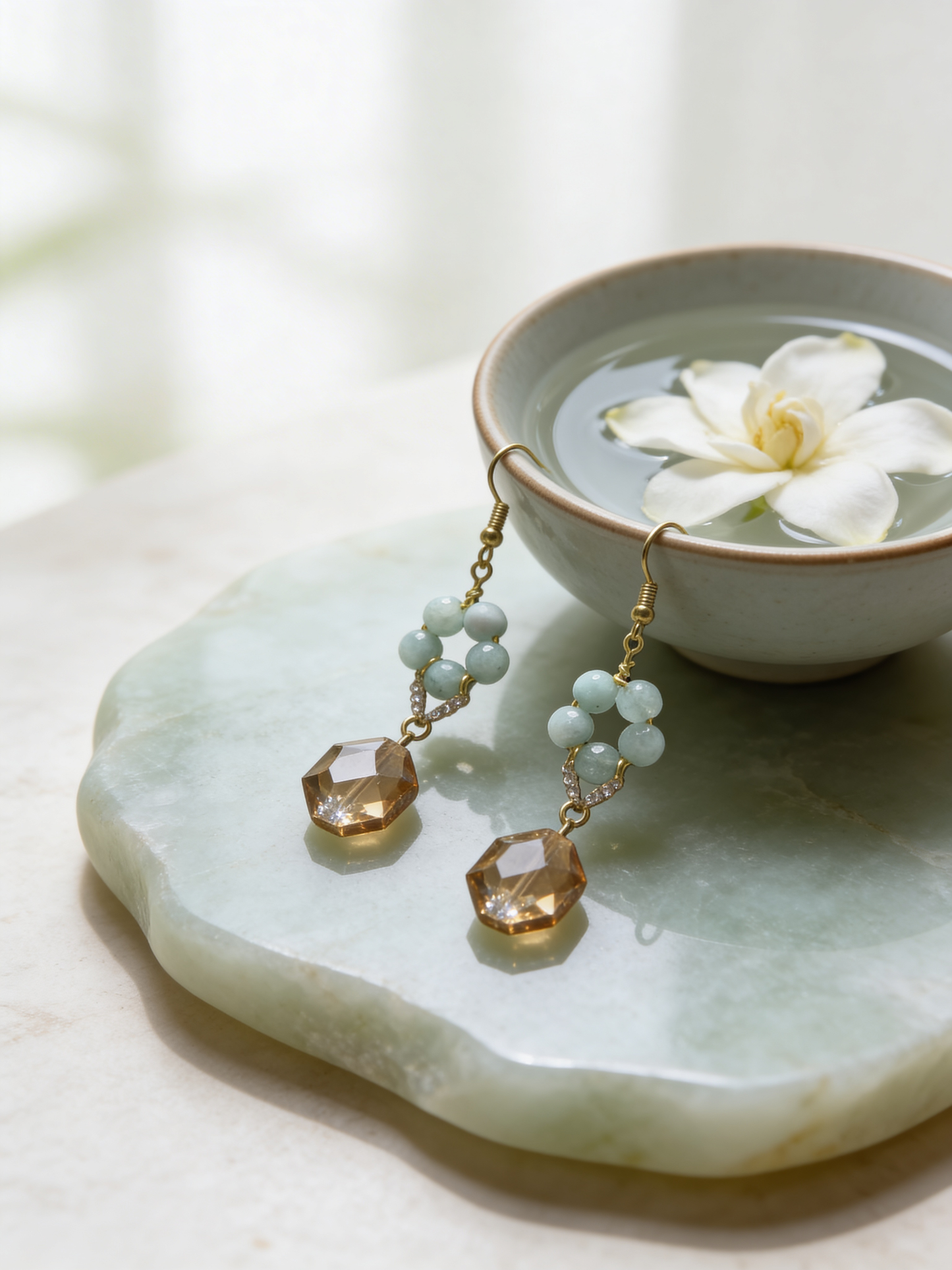 Amazonite & Citrine Flower Drop Earrings, Handmade Gemstone Earrings, Gold Plated Dangle Earrings, Feminine Jewelry Gift for Her