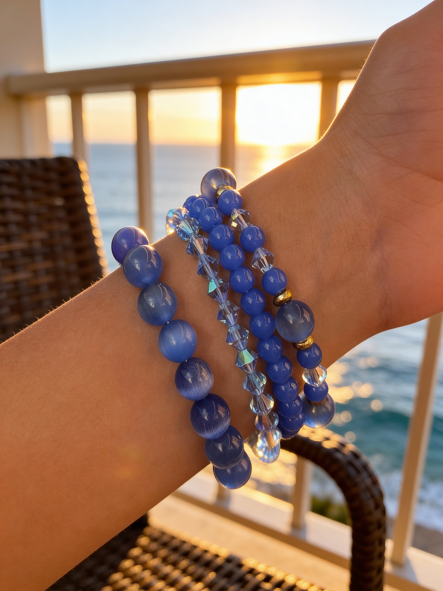 Blue Cat’s Eye Bracelet Set, Handmade Blue Gemstone Bracelet Stack, Beaded Stretch Bracelets, Stackable Jewelry, Gift for Her