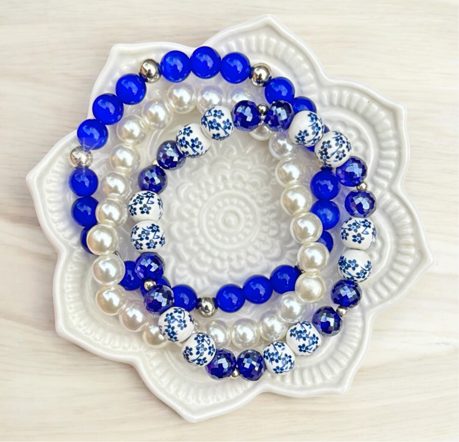 Blue Cat’s Eye & Pearl Bracelet Set