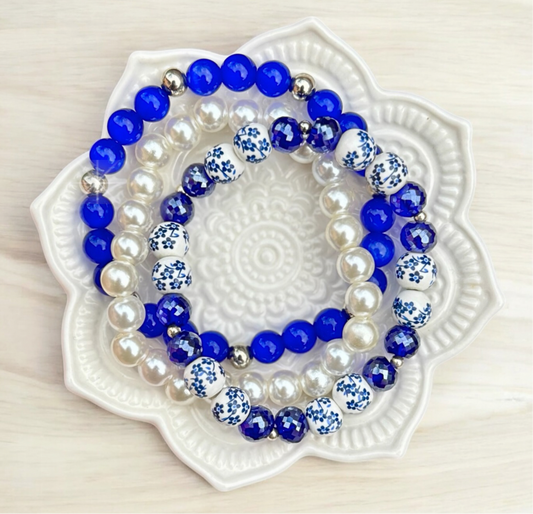 Blue Cat’s Eye & Pearl Bracelet Set