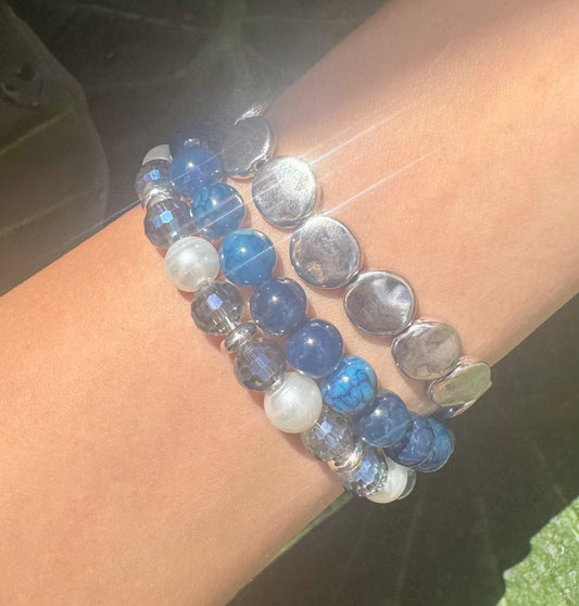Blue Crackle Agate Bracelet Set – Handmade Stretch Bracelets with Glass & Silver-Plated Beads