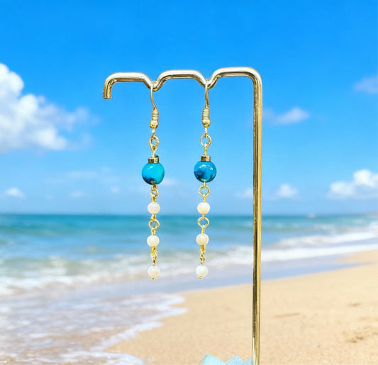 Blue Earring Set, Aqua Stone & Mother of Pearl Dangle Earrings – Handmade Gold Drop Earrings, Ocean Inspired Gemstones Jewelry