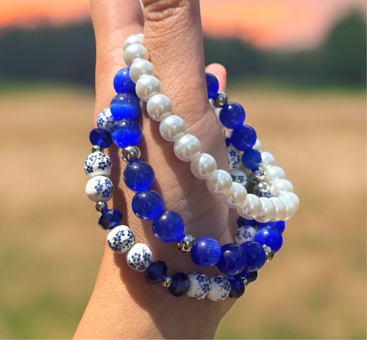 Blue Cat’s Eye & Pearl Bracelet Set