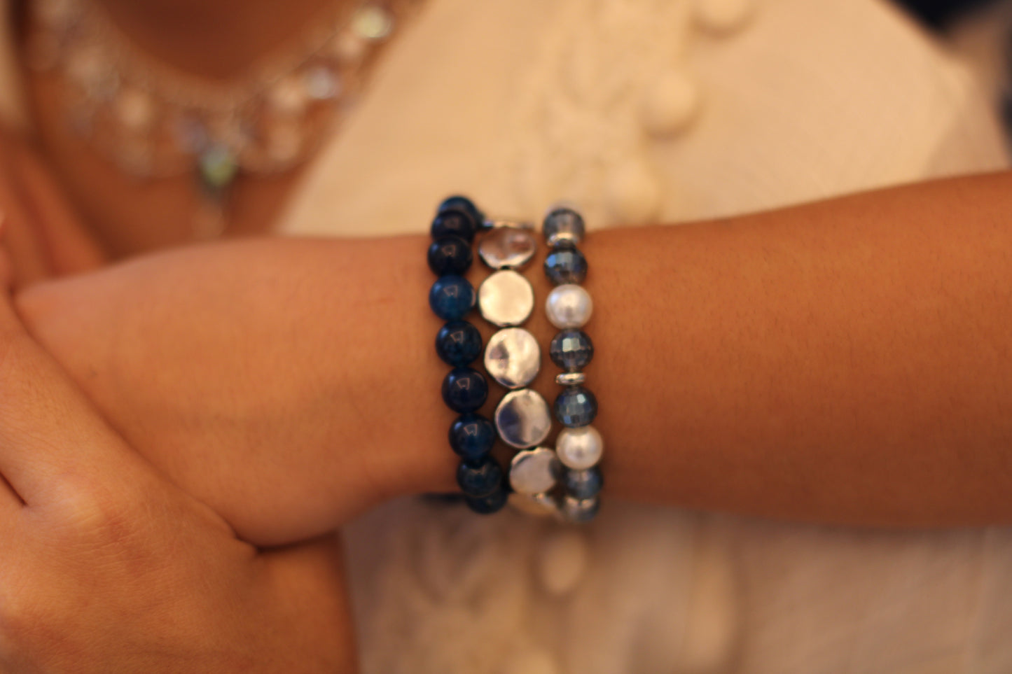 Blue Crackle Agate Bracelet Set, Handmade Gemstone Bracelet Stack, Silver Plated Beaded Bracelets, Stretch Stackable Jewelry, Gift for Her