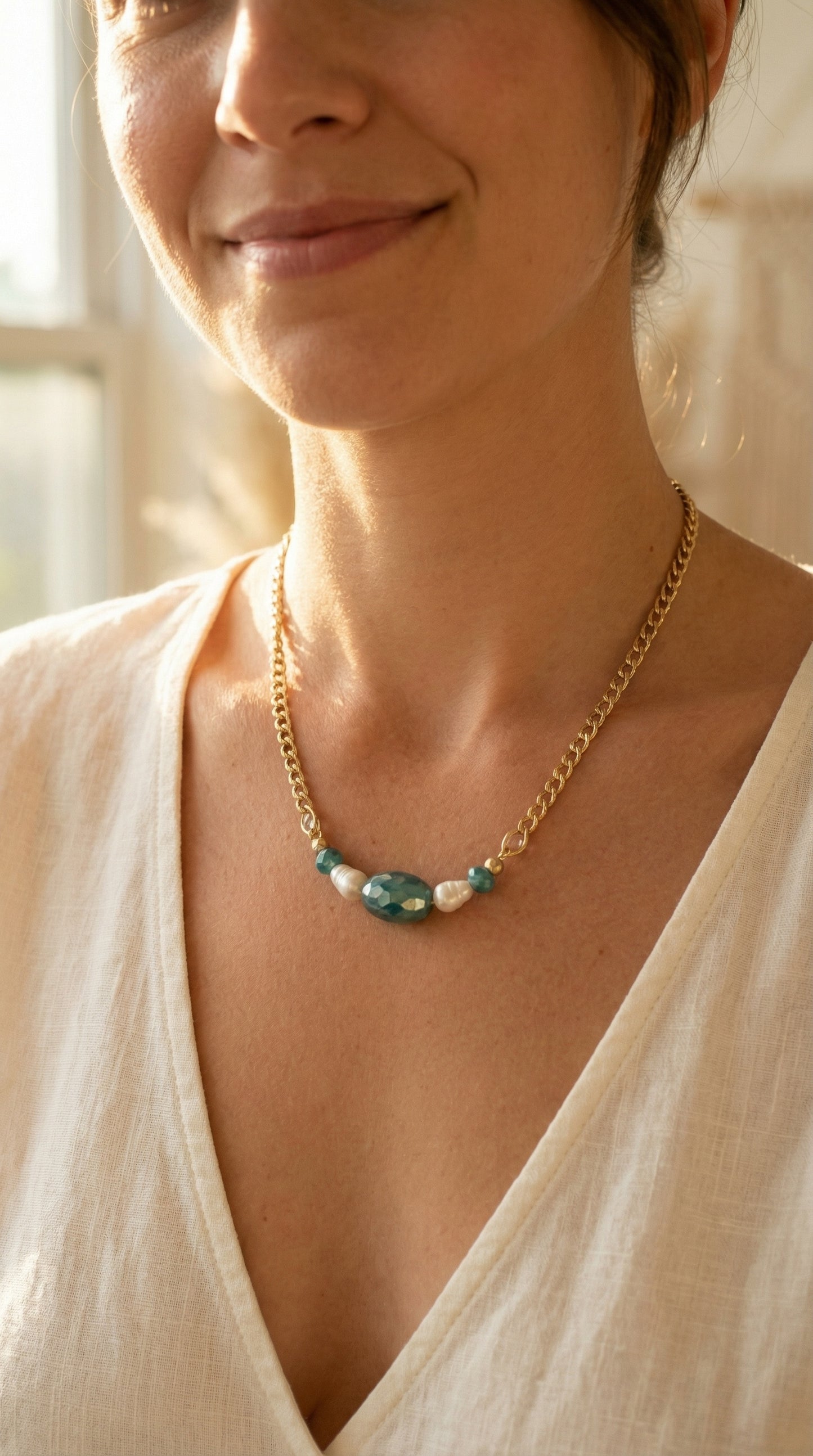 Blue Crystal and Pearl Necklace, Handmade Beaded Gemstone Necklace, Ocean Inspired Jewelry, Elegant Necklace, Gift for Her