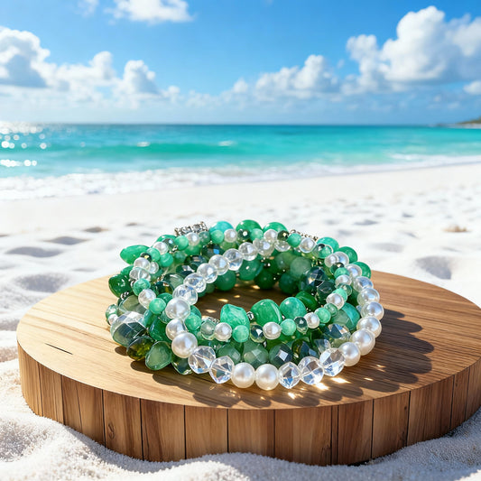 Green Bracelet Set, Mint Jade & Quart Beaded Bracelet Set – Handmade Stackable Gemstone Bracelets with Quartz, Jades and Glass Beads