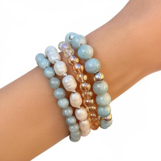 Light Blue Quartz Bracelet Set, Pearl Gemstone Bracelets, Handmade Stackable Beaded Jewelry, Natural Stone Bracelet, Gift for Her