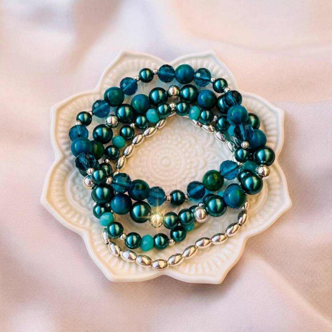 Aqua Stone Beaded Stretch Bracelet Set