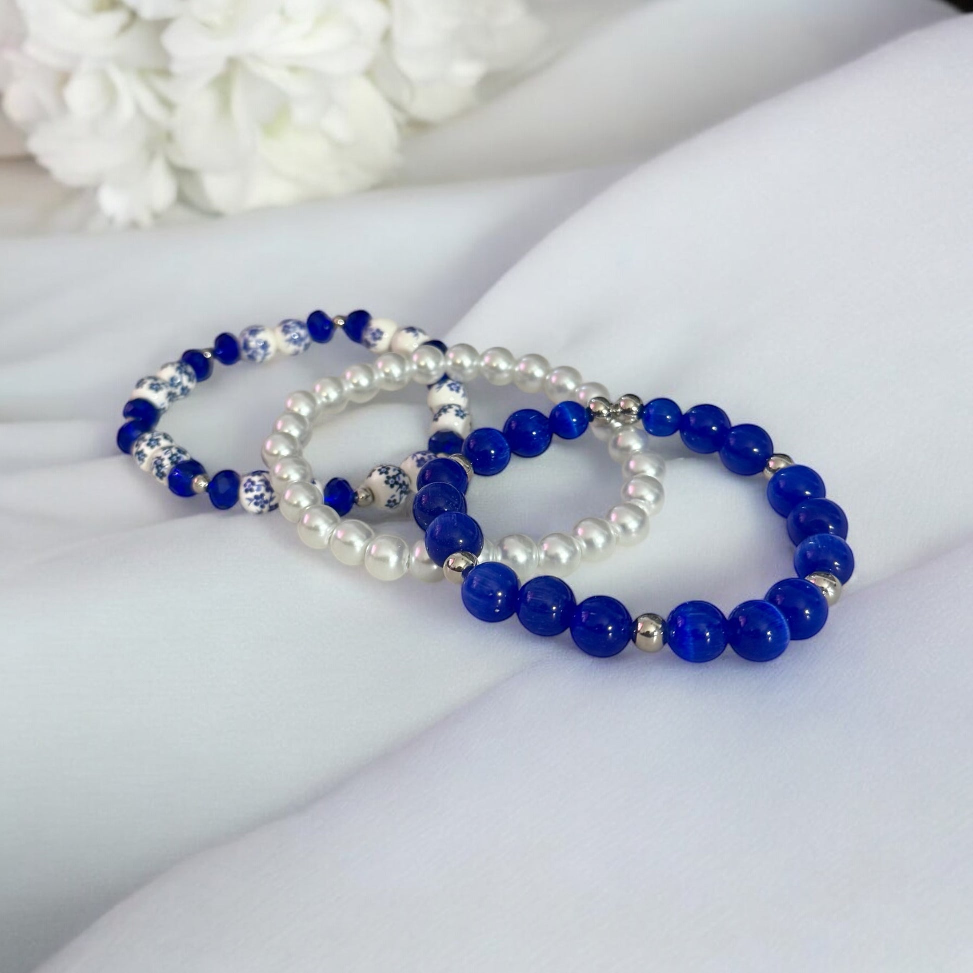 Blue Cat’s Eye & Pearl Bracelet Set