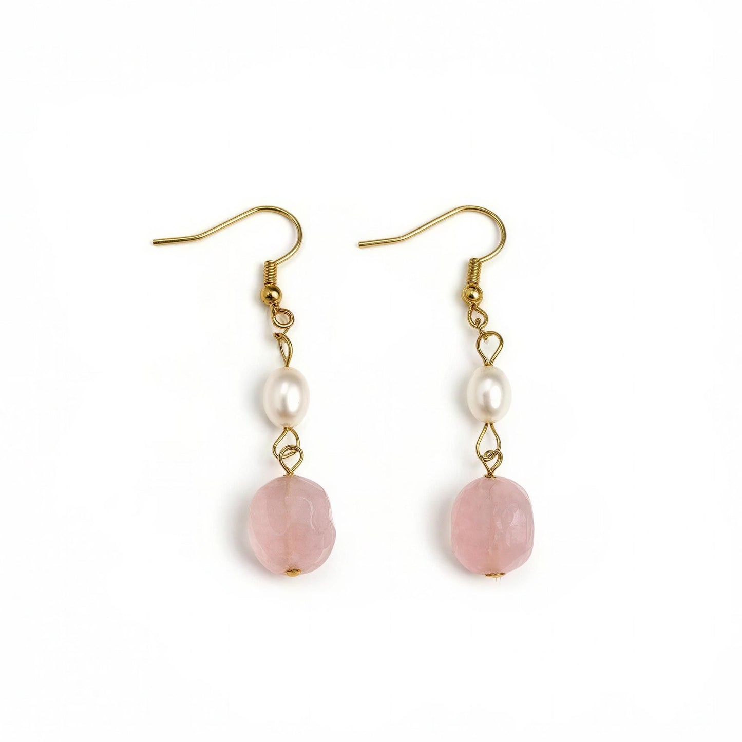 Rose Quartz & Pearl Dangle Earrings – Romantic Gift | Handmade Gold Jewelry