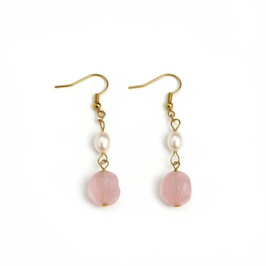 Rose Quartz & Pearl Dangle Earrings – Romantic Gift | Handmade Gold Jewelry