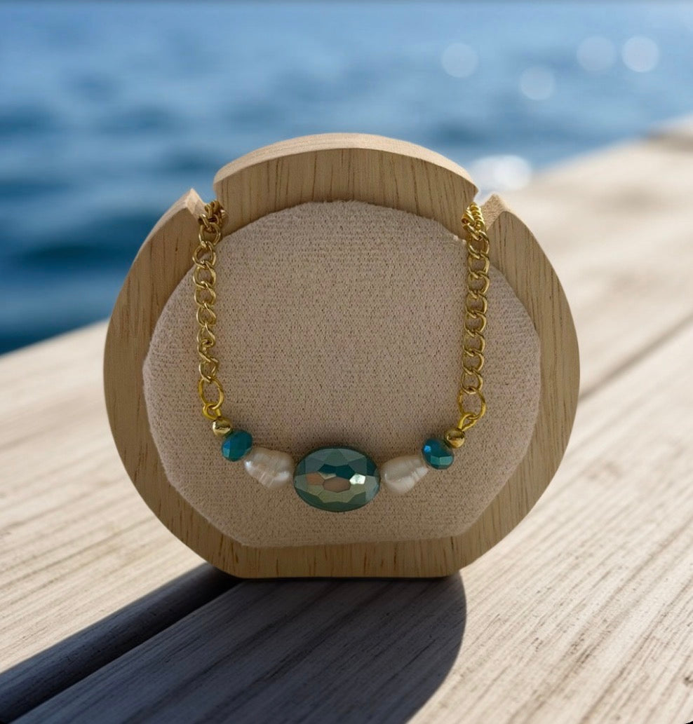 Blue Crystal and Pearl Necklace, Handmade Beaded Gemstone Necklace, Ocean Inspired Jewelry, Elegant Necklace, Gift for Her