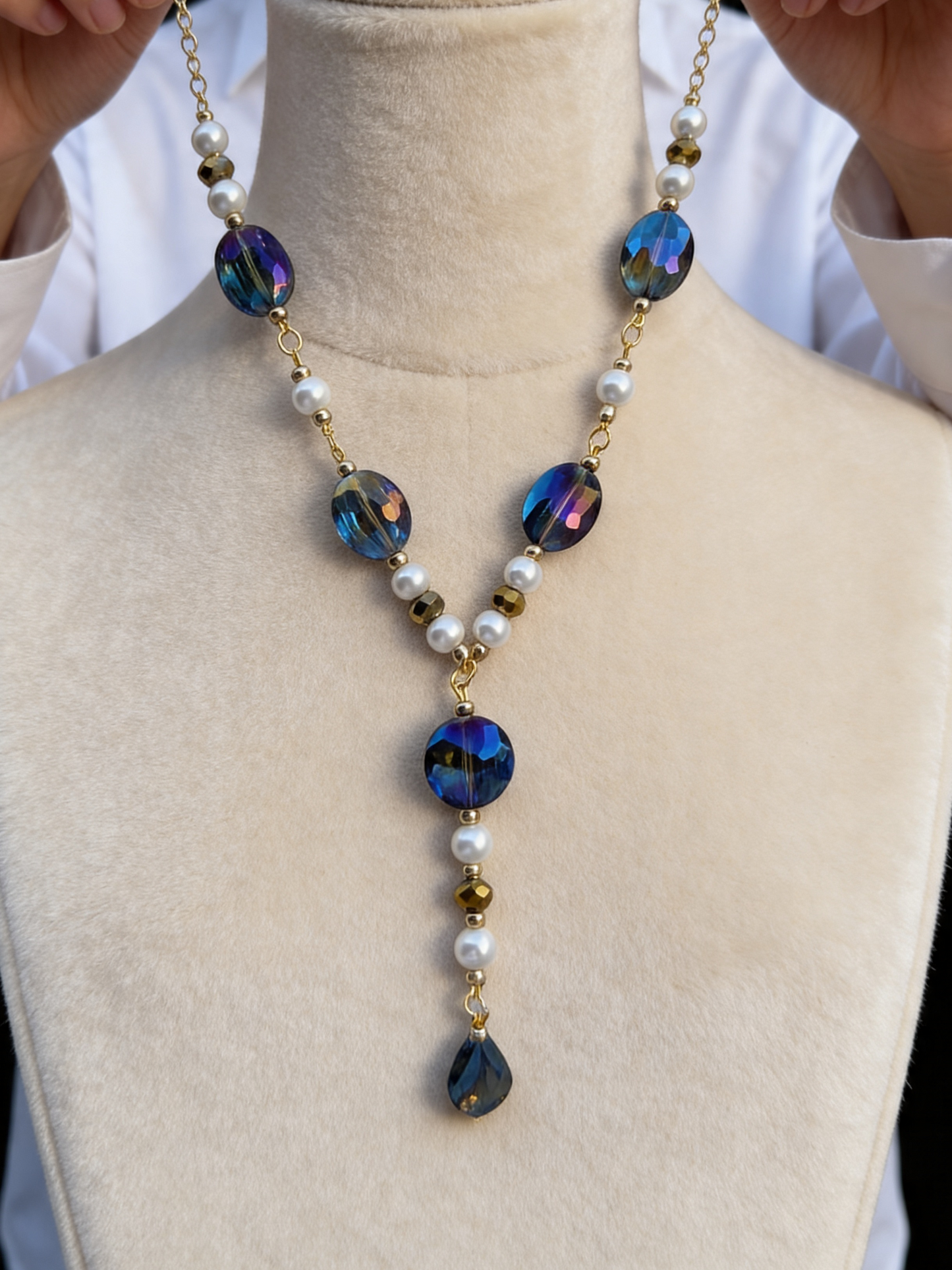 One of a Kind Blue Crystal Necklace with Pearl Accents, Gold Chain Drop Necklace, Elegant Necklace, Handmade Jewelry, Gift for Her